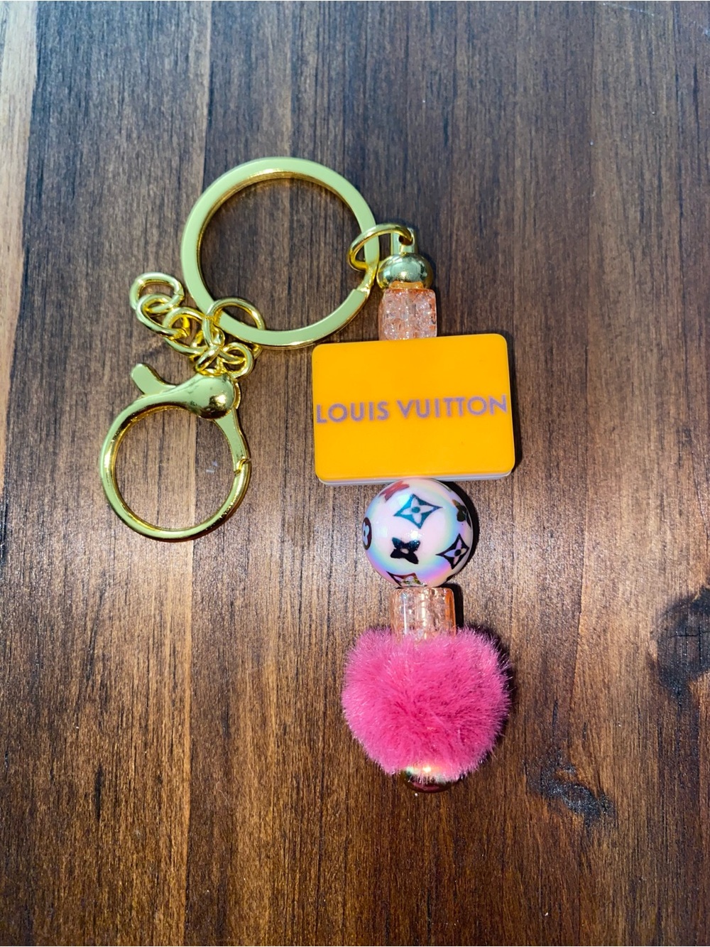 New Pink Pom-Pom and Orange Logo Key Charm with Gold Hardware